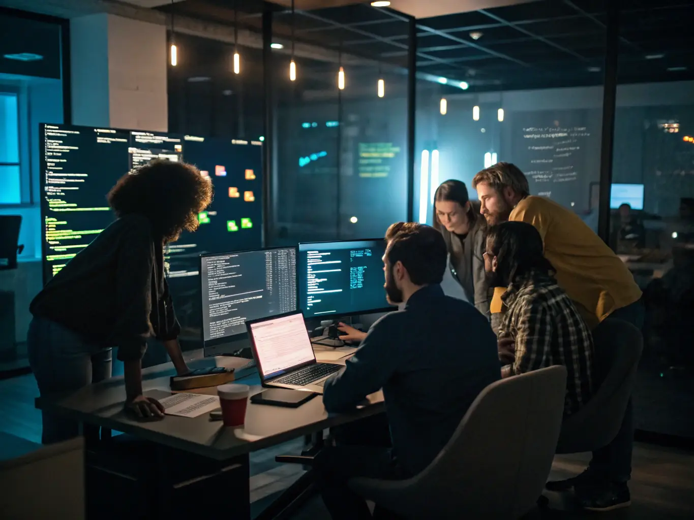 An image showcasing a team of developers collaborating on a software project, brainstorming ideas and writing code on their computers in a modern office environment.